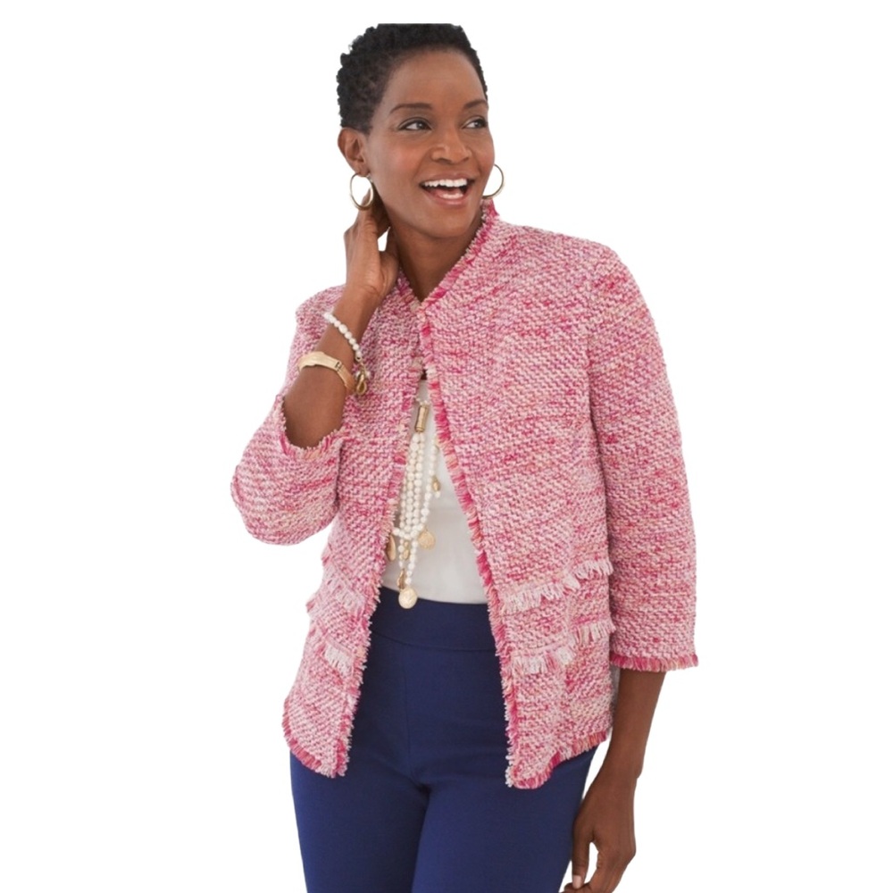 Chico's Pink Tweed Blazer With Fringe NWT. ( 00 in Chicos sizing)